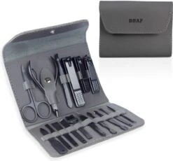 Merkloos Luxe 16-delige | Manicure Set | Met Lederen Opbergetui | Manicureset | Nagelknipper | Grijs