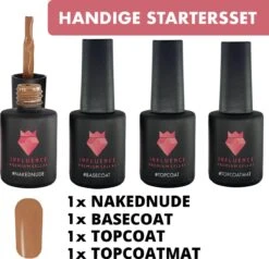 #NAKEDNUDESERIE - Influence Gellac - Nude Gellak - Gellak Nude UV - UV Gellak - Gel Nagellak - Basecoat - Topcoat - Topcoatmat - No Wipe - Startersset - Kado Vrouw - Valentijns Cadeau - Kado Voor Haar - 4 X 10 Ml