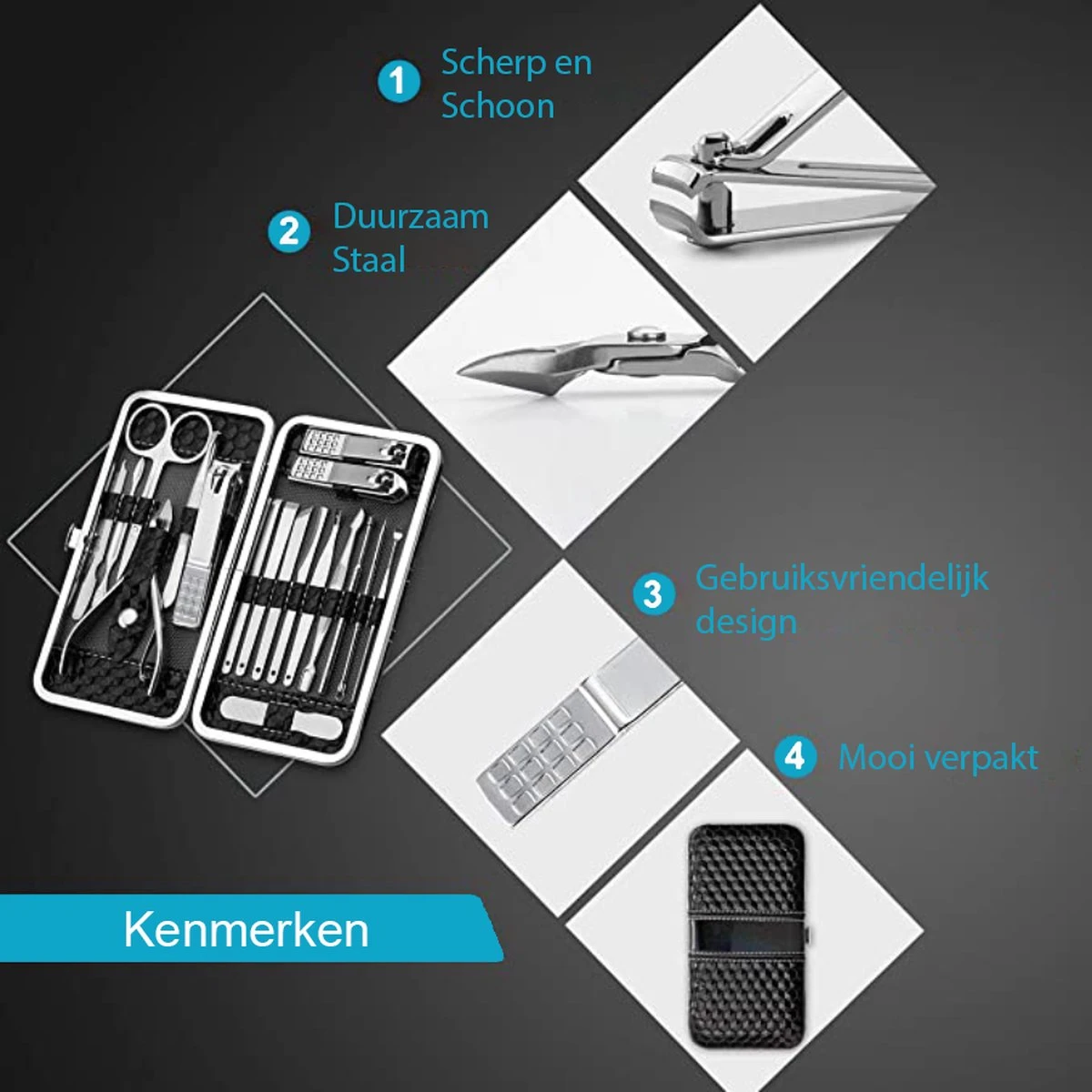 Nagelknipper Set – 18-Delige Pedicure En Manicure Sets Nagelaccessoires – Nagelset – Nagelverzorging Kit – Reisset Zwart 6 Nagelknipper Set – 18-Delige Pedicure En Manicure Sets Nagelaccessoires – Nagelset – Nagelverzorging Kit – Reisset Zwart – Image 4