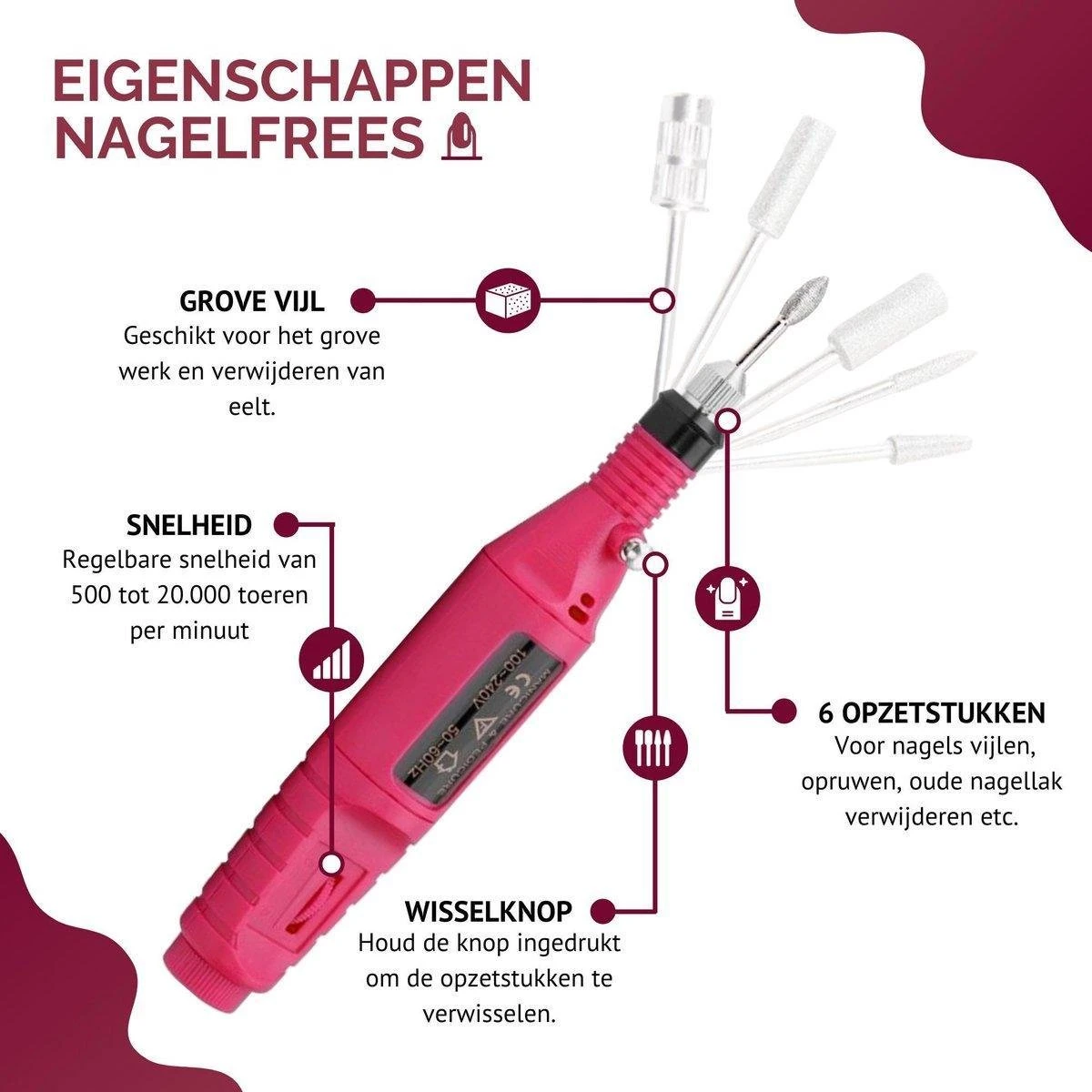 Royala - Manicure & Pedicure Set Elektrische Nagelvijl Nagelfrees - Nail Drill - Geschikt Voor Natuurlijke Nagels - Nepnagels - Gellak - Gelnagels - Acrylnagels - 6 Opzetstukken - Rood 9 Royala - Manicure & Pedicure Set Elektrische Nagelvijl Nagelfrees - Nail Drill - Geschikt Voor Natuurlijke Nagels - Nepnagels - Gellak - Gelnagels - Acrylnagels - 6 Opzetstukken - Rood – Image 7