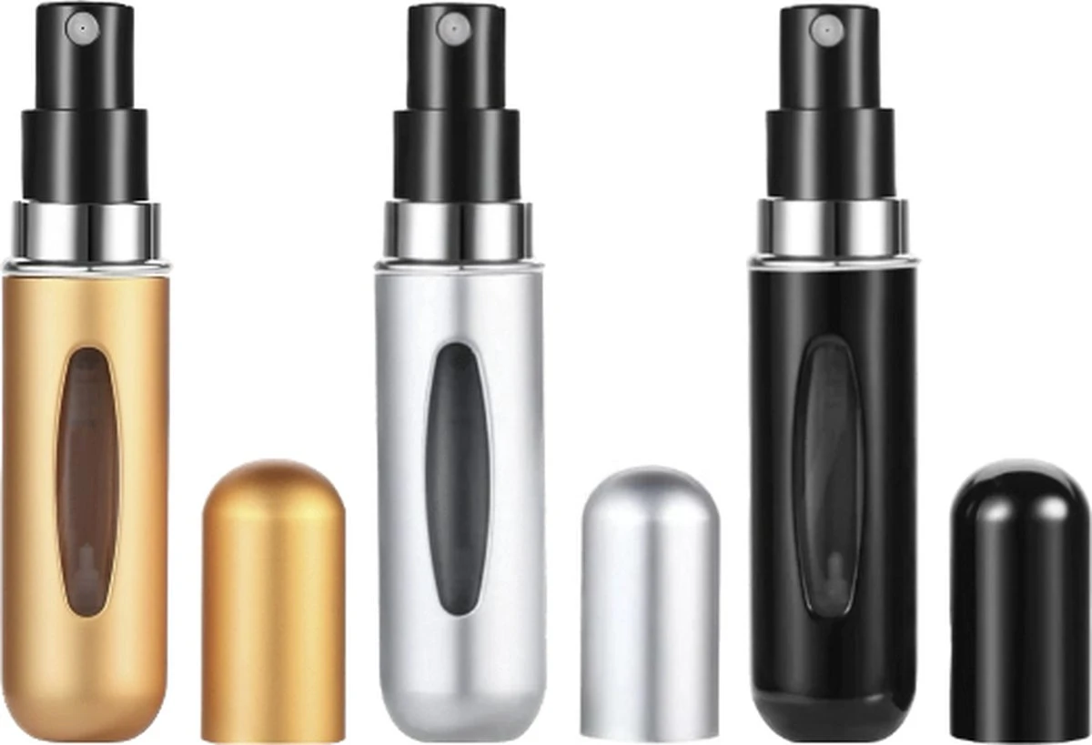 Merkloos Hervulbare Parfumflesjes - Goud + Zilver + Zwart - 5ML - Verstuiver - Navulbaar 3 Merkloos Hervulbare Parfumflesjes - Goud + Zilver + Zwart - 5ML - Verstuiver - Navulbaar