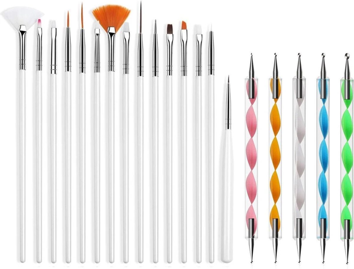 Evvie 20 Delige Nail Art Set - 15 Nailart Penselen En 5 Dotting Tools - Wit 3 Evvie 20 Delige Nail Art Set - 15 Nailart Penselen En 5 Dotting Tools - Wit