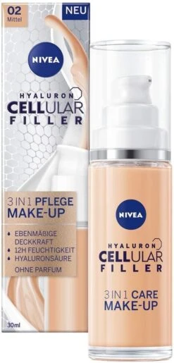 NIVEA Hyaluron Cellular Filler 3-in-1 Verzorgende Make-up #02 Medium (30 Ml), Hydraterende Foundation Met Hyaluron, Gezichtsmake-up