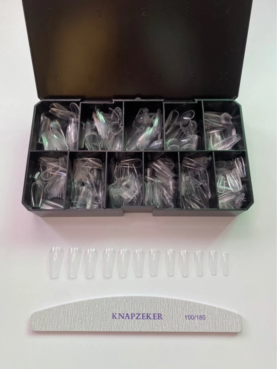 Knapzeker Gelly Tips Medium Coffin 500 Stuks 12 Maten Plaknagels Met Doos + Knapzeker Nagelvijl 100/180 - Transparant Nageltips Full Cover Voor Acryl - Gel Nails- Nepnagels Soak Off 4 Knapzeker Gelly Tips Medium Coffin 500 Stuks 12 Maten Plaknagels Met Doos + Knapzeker Nagelvijl 100/180 - Transparant Nageltips Full Cover Voor Acryl - Gel Nails- Nepnagels Soak Off – Image 2